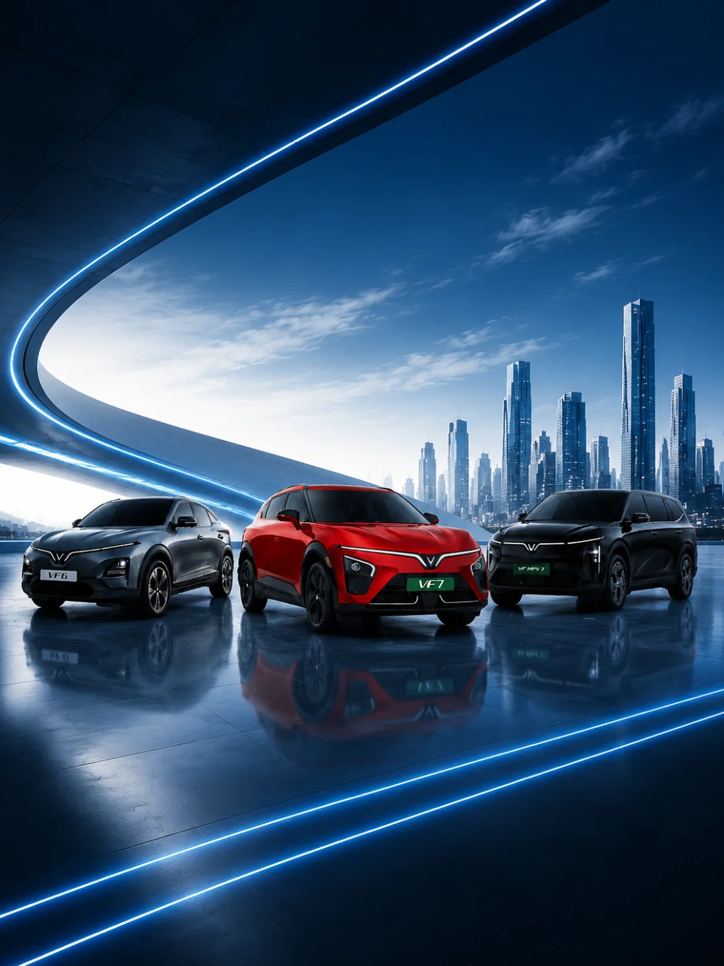 VinFast VF 6, VF 7 and VF MPV 7 lineup at Coastline VinFast Kochi